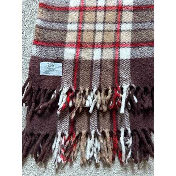 Vintage Faribo plaid stadium blanket - red, brown, white - fringe - 53 x 45 - Picture 1 of 10
